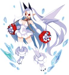  black_sclera breasts claws colored_sclera demon_girl demon_horns demon_wings disgaea disgaea_rpg dress female full_body highres horns ice large_breasts long_hair non-web_source oerba_yun_fang official_art open_mouth photoshop_(medium) pointy_ears pram_(phantom_kingdom) red_eyes scrunchie short_dress slit_pupils solo transparent_background very_long_hair white_wings wings wrist_scrunchie 