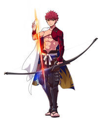  1boy abs applechoc arrow_(projectile) bow_(weapon) commentary_request emiya_shirou fate/grand_order fate_(series) full_body glowing glowing_weapon highres igote looking_at_viewer male_focus red_hair sandals senji_muramasa_(fate) short_hair simple_background solo topless_male weapon white_background yellow_eyes 