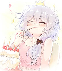  birthday birthday_cake blush cake candle chair_tipping chinese_commentary closed_eyes closed_mouth commentary_request crown diaoxian_kuangmo eating female food food_in_mouth food_on_face hair_between_eyes happy highres holding honkai_(series) honkai_impact_3rd messy_hair pink_shirt shirt side_ponytail sitting solo spoon theresa_apocalypse utensil_in_mouth white_hair 