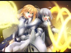  2girls ahoge armor artoria_pendragon_(fate) artoria_pendragon_(lancer)_(fate) blonde_hair braid breastplate commentary_request fate/grand_order fate_(series) french_braid gray_(fate) green_eyes grey_hair highres horse horseback_riding letterboxed lord_el-melloi_ii_case_files multicolored_hair multiple_girls official_style open_mouth parody rhongomyniad_(fate) riding shoori_(migiha) shouting style_parody takeuchi_takashi_(style) weapon_connection 