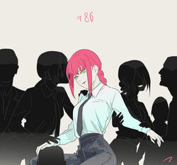  3boys 3girls bisexual_female black_necktie black_pants braid braided_ponytail business_suit chainsaw_man collared_shirt couple formal harem light_smile long_hair long_sleeves makima_(chainsaw_man) matahei mixed_harem multiple_boys multiple_girls necktie office_lady pants polygamy quanxi_(chainsaw_man) red_hair reze_(chainsaw_man) ringed_eyes shirt shirt_tucked_in silhouette smile straight suit white_shirt yellow_eyes 