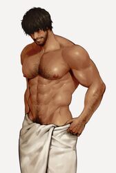  1boy abs areyoucracked arm_hair bad_id bad_twitter_id bara beard black_hair carlos_oliveira chest_hair closed_eyes facial_hair full_beard highres large_pectorals male_focus mature_male muscular muscular_male navel nipples pectorals protected_link resident_evil resident_evil_3:_nemesis resident_evil_3_(remake) short_hair simple_background smile solo teeth topless_male towel towel_around_waist white_background 