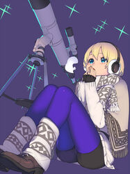  bike_shorts blanket blonde_hair blue_eyes breath brown_footwear commentary_request dutch_angle earmuffs enkyo_yuuichirou female highres hisho_collection leg_warmers legs_together long_sleeves looking_up own_hands_together pantyhose purple_background purple_legwear scarf shoes short_hair simple_background sitting sleeves_past_wrists solo star_(symbol) sweater telescope white_scarf white_sweater 