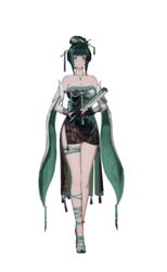  absurdres china_dress chinese_clothes dress female full_body gloves green_dress green_footwear green_hair hair_ornament hand_fan hanying:_zitherwoe_(punishing:_gray_raven) hanying_(punishing:_gray_raven) high_heels highres jewelry necklace punishing:_gray_raven solo 