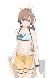  absurdres adapted_turret bikini blue_eyes brown_hair cannon cowboy_shot female flat_chest hair_ribbon highres kantai_collection kazagumo_(kancolle) kazagumo_(swimsuit_mode)_(kancolle) long_hair looking_at_viewer machinery polka_dot polka_dot_sarong ponytail ribbon sarong simple_background solo striped_bikini striped_clothes swimsuit tsuru_(thunder_tsuru) turret white_background 