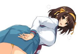  :d bikini bikini_under_clothes blue_sailor_collar breasts brown_eyes brown_hair female from_behind gold_bikini haruhisky highres large_breasts looking_back sailor_collar shirt short_hair simple_background smile solo suzumiya_haruhi suzumiya_haruhi_no_yuuutsu swimsuit white_background white_shirt 