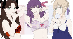  3girls arm_behind_head artoria_pendragon_(fate) babydoll blonde_hair blue_babydoll bra breasts brown_hair bun_with_braided_base cleavage commentary_request fate/stay_night fate_(series) green_eyes hair_bun hair_ribbon highres matou_sakura medium_breasts multiple_girls navel purple_bra purple_hair red_bra ribbon saber_(fate) single_hair_bun small_breasts suzuakks tohsaka_rin two_side_up underwear 