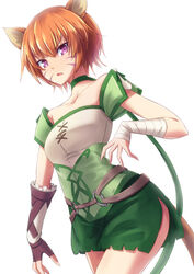  1girls bandage cat_ears cat_tail catgirl choker curvy curvy_hips face_markings female female_only fire_emblem fire_emblem:_path_of_radiance fire_emblem:_radiant_dawn green_clothing lethe_(fire_emblem) looking_at_viewer minamonochaba nintendo orange_fur orange_hair purple_eyes short_hair shorts slit solo thigh_slit thighs 