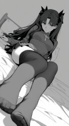  ai-generated bed black_hair black_skirt black_thighhighs breasts fate/stay_night fate_(series) feet female foot_focus foreshortening greyscale highres long_hair looking_at_viewer medium_breasts monochrome on_bed presenting_foot ringsang sitting skirt solo sweater thighhighs toes tohsaka_rin two_side_up zettai_ryouiki 