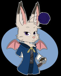  2022 antennae_(anatomy) anthro bat_wings blue_mage_(final_fantasy) female final_fantasy fluffy_ears half-closed_eyes hi_res humanoid ivalician_moogle kerilyn looking_at_viewer mammal membrane_(anatomy) membranous_wings moogle narrowed_eyes overcoat pom_antennae simple_background solo solo_focus square_enix wings 
