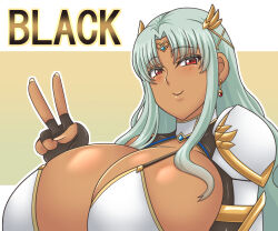  black_gloves breasts circlet cleavage daniella_(sennen_sensou_aigis) dark-skinned_female dark_skin female fingerless_gloves gloves gold_trim grey_hair hair_ornament huge_breasts kano-0724 parted_bangs red_eyes sennen_sensou_aigis simple_background solo upper_body v x_hair_ornament 