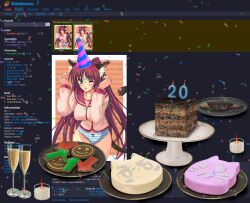  2000s_(style) :3 ;p albert_yi animal_ear_fluff animal_ears aqua_panties arrow_(symbol) birthday blue_bow blush border borrowed_character bow bow_panties breasts brown_eyes cake cake_stand candle cat_ears cat_girl cat_tail champagne_flute chocolate_cake collarbone colored_stripes commentary commission confetti cookie cowboy_shot cup danbooru_(site) drinking_glass english_commentary english_text facial_mark female fine_9725 food grape-flavored_blobcat grey_background groin hands_up highres jitome kemomimi-chan_(naga_u) kemonomimi_mode kousaka_tamaki kyogoku_shin large_breasts long_hair long_sleeves looking_at_viewer milestone_celebration no_pants non-web_source one_eye_closed original outside_border panties parted_bangs party pink_shirt plate red_hair red_sailor_collar sailor_collar school_uniform screenshot_background serafuku shirt sidelocks smile smiley_face solo standing straight_hair striped_clothes striped_panties tag_(concept) tail the_feeshe thigh_gap thighhighs thighs to_heart_(series) to_heart_2 tongue tongue_out two_side_up underwear v-shaped_eyes very_long_hair w_arms web_address webpage whisker_markings white_border white_panties white_thighhighs 