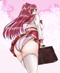  ass bag breasts closed_mouth female holding holding_bag kousaka_tamaki long_hair looking_at_viewer medium_breasts panties pantyshot red_hair red_sailor_collar red_skirt sailor_collar shirt skirt smile solo thighhighs tk_(butakuma) to_heart_(series) to_heart_2 underwear white_panties white_shirt white_thighhighs yellow_eyes 