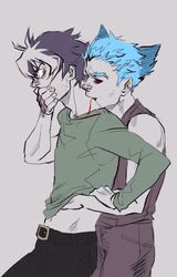  2boys animal_ears biting blood blue_hair color corpse_demon gay hand_under_shirt human imminent_rape male male_only open_eyes pale_skin red_eyes shiki shirt_lift short_hair standing tatsumi_(shiki) toshio_ozaki vampire yaoi 