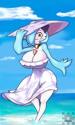  1girls 4_fingers bare_shoulders beach big_breasts big_hands blue_skin breasts brown_eyes chest_spike circi_(yobie) clothed clothes clothing cloud clouds cosplay day eyebrows eyelashes female female_gardevoir female_only full_body gardevoir hair_over_one_eye happy hourglass_figure huge_breasts humanoid in_water joeydrawss large_breasts looking_at_viewer nipples_covered pok&eacute;mon_(species) pokemon shiny_pokemon solo solo_female sun_hat tagme text thick thick_thighs thighs top_heavy watermark white_dress white_hat white_skin 