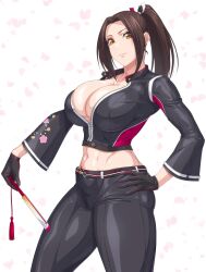  black_gloves black_jacket black_pants breasts brown_eyes brown_hair cherry_blossom_print cleavage closed_mouth collarbone commentary cowboy_shot cropped_jacket falling_petals fatal_fury fatal_fury:_city_of_the_wolves female floral_print gloves hair_ornament hand_fan hand_on_own_hip high_ponytail highres holding holding_fan jacket large_breasts leather leather_jacket leather_pants long_hair looking_at_viewer midriff narrow_waist navel official_alternate_costume ozaneko pants parted_bangs partially_unzipped petals pink_lips pink_petals print_jacket shiranui_mai simple_background skin_tight solo tight_clothes tight_pants toned_female white_background zipper 