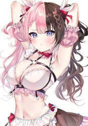  apron armpits arms_behind_head between_breasts bikini black_nails blue_eyes bow bowtie braid braided_bangs breasts brown_hair brown_skirt chest_harness detached_sleeves female frilled_apron frilled_bikini frills frown hair_ornament hair_ribbon harness heart_o-ring highres large_breasts long_hair looking_at_viewer maid maid_bikini midriff multicolored_hair navel neko_neneko o-ring o-ring_harness pink_hair pink_sleeves pink_trim puffy_detached_sleeves puffy_sleeves red_bow red_bowtie red_ribbon ribbon short_sleeves simple_background skirt solo sparkle split-color_hair stomach strap_between_breasts striped_choker swimsuit tachibana_hinano_(vspo!_summer_2024) tachibana_hinano_(vtuber) twintails two-tone_hair two_side_up unconventional_maid upper_body virtual_youtuber vspo! waist_apron white_background white_bikini white_ribbon 