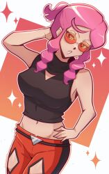  arm_behind_head bare_arms black_pants black_tank_top breasts crop_top female hair_bun hand_on_own_hip highres lunatuneflowers malva_(pokemon) medium_breasts midriff orange-tinted_eyewear orange_pants pants pink_hair pokemon pokemon_xy red_pants sidelocks single_hair_bun sleeveless solo sunglasses tank_top tinted_eyewear two-tone_pants 