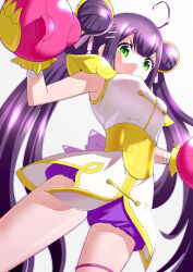  absurdres armor bloomers breasts chinese_clothes female from_below gloves green_eyes highres purple_bloomers purple_hair saint_seiya saint_seiya:_rising_cosmo simple_background smile solo toku_sonchou twintails ursa_minor_xiaoling_(saint_seiya:_rising_cosmo) white_background 