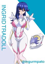  artist_name blue_hair blush bodysuit breasts character_name gundam gundam_seed gundam_seed_freedom helmet highres ingrid_tradoll kyomeihibiki large_breasts lipstick long_hair looking_at_viewer makeup navel pilot_suit purple_eyes skin_tight wide_hips 