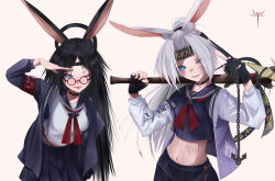  2girls :p animal_ears armband artist_logo azur_lane black_hair blue_eyes chains collar collarbone delinquent glasses gloves headband highres hiryuu_(after_school_bullies)_(azur_lane) hiryuu_(azur_lane) matsuro_a multiple_girls navel oerba_yun_fang official_alternate_costume one_eye_closed partially_fingerless_gloves rabbit_ears school_uniform serafuku shirt skirt souryuu_(azur_lane) souryuu_(the_counselor_girl)_(azur_lane) sukeban sword tongue tongue_out weapon white_shirt wooden_sword 