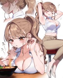  :q absurdres armpits arms_behind_head arms_up bare_shoulders blush bowl breasts brown_hair brown_pants chopsticks cleavage collarbone commentary_request crop_top female food full_body high_heels highres holding holding_chopsticks kodama&#039;s_elder_sister_(sakura_yuki) large_breasts midriff multiple_views musical_note navel noodles orange_hair original pants ponytail sakura_yuki_(clochette) shirt simple_background sitting sleeveless smile steam sweat tongue tongue_out tying_hair white_background white_shirt 