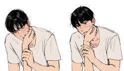  2boys biting biting_another&#039;s_hand black_hair blush chest_tattoo commentary_request haotmeal highres holding_another&#039;s_wrist k-pop korean_commentary licking licking_hand male_focus multiple_boys real_life shirt short_hair simple_background sung_han-bin sweatdrop tattoo white_background white_shirt yaoi zerobaseone zhang_hao 