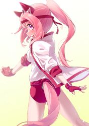  absurdres animal_ears ass bow buruma ear_bow ear_covers female fingerless_gloves freely2327 from_behind gloves gym_uniform hair_intakes haru_urara_(umamusume) headband highres horse_ears horse_girl horse_tail jacket long_hair looking_back open_mouth pink_eyes pink_hair ponytail red_buruma red_gloves shirt smile solo tail thighs umamusume white_jacket white_shirt 