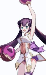  absurdres armor bloomers breasts chinese_clothes female gloves green_eyes highres open_mouth purple_hair saint_seiya saint_seiya:_rising_cosmo simple_background solo twintails underwear ursa_minor_xiaoling_(saint_seiya:_rising_cosmo) white_background 