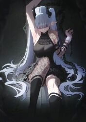  arknights arm_up bare_shoulders black_dress chained_sarkaz_girl chains dress facing_viewer female hair_over_eyes halterneck highres horns long_hair okashira2ki pointy_ears sitting solo tattoo very_long_hair white_hair 