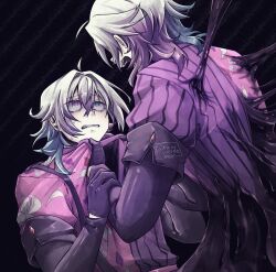  2boys angry argyle_clothes argyle_coat black_gloves blue_eyes blue_hair clothes_pull coat crying crying_with_eyes_open dark_background english_commentary floral_print from_behind gavis_bettel gavis_bettel_(1st_costume) gloves grey_hair hair_between_eyes heterochromia highres holostars holostars_english horror_(theme) lily_print male_focus medium_hair melting multicolored_coat multicolored_hair multiple_boys open_mouth pink_eyes pink_hair rainycoffeebean scared striped_coat tears twitter_username upper_body vertical-striped_coat virtual_youtuber 