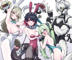  1boy 3girls 4_m_lacra @_@ absurdres alexandrina_sebastiane alternate_costume anastella_(zenless_zone_zero) angry animal_ear_fluff animal_ear_hairband animal_ears aqua_bow aqua_bowtie arm_belt arm_under_breasts armpits arms_up ass back backless_leotard bangboo_(zenless_zone_zero) bare_shoulders black_gloves black_hair black_leotard black_pantyhose blonde_hair blush body_fur bow bowtie breasts bunny_day chest_harness cleavage clenched_teeth closed_mouth collar colored_inner_hair commentary_request corin_wickes detached_collar drusilla_(zenless_zone_zero) earclip ellen_joe embarrassed fake_animal_ears fake_tail fingerless_gloves fins fish_tail furry furry_male gloves green_hair green_leotard grin hair_between_eyes hairband harness highleg highleg_leotard highres jewelry large_breasts leaning_forward leotard long_hair looking_at_viewer looking_back metal_collar metal_hairband mole mole_under_eye multicolored_hair multiple_girls open_mouth pantyhose playboy_bunny purple_eyes rabbit_ear_hairband rabbit_ears rabbit_pose rabbit_tail red_eyes red_hair red_leotard ring scar_on_tail shark_girl shark_tail sharp_teeth simple_background smile sparkle squiggle standing strapless strapless_leotard tail teeth turning_head twintails two-tone_hair von_lycaon white_background white_fur white_gloves white_leotard white_pantyhose wolf_boy wolf_ears wolf_tail wrist_cuffs zenless_zone_zero 