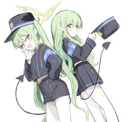  2girls absurdres armband belt black_belt black_hat black_jacket black_shorts black_skirt black_tail blue_archive blue_armband blush buttons closed_mouth commentary demon_tail double-breasted dutch_angle feet_out_of_frame gloves green_hair green_halo halo hat highres hikari_(blue_archive) jacket long_hair long_sleeves midriff_peek multiple_girls nozomi_(blue_archive) nprmtp oerba_yun_fang open_mouth pantyhose peaked_cap pleated_skirt pointy_ears short_shorts shorts siblings simple_background sisters skin_fang skirt symbol-only_commentary tail train_conductor twins twintails unworn_hat unworn_headwear very_long_hair whistle white_background white_gloves white_pantyhose yellow_eyes 