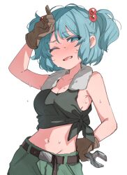  bare_shoulders belt black_belt black_tank_top blue_eyes blue_hair blue_pants blush bow breasts brown_gloves cleavage collarbone cowboy_shot female gloves groin hairbow highres holding holding_wrench kawashiro_nitori midriff navel no_headwear open_mouth pants paragasu_(parags112) side-tie_shirt small_breasts solo sweat tank_top touhou towel towel_around_neck two_side_up wrench 