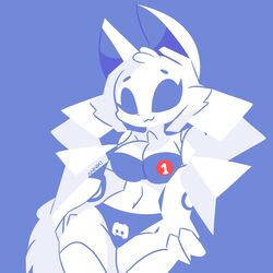  2022 anthro artist_name big_ears big_eyes blue_background blue_bra blue_clothing blue_eyes blue_panties blue_underwear bra breasts cel_shading cleavage clothed clothing clyde_(discord) colored_outline discord_(app) eyelashes felid female front-print_panties fur hi_res inanimate_to_anthro leaning leaning_back logo mammal midriff monochrome mouth_closed navel no_outlines number_on_underwear panties portrait print_bra print_clothing print_panties print_underwear rivergravidade shaded simple_background small_nose smile solo standing three-quarter_portrait tufted_fur underwear underwear_only unknown_species white_body white_fur 