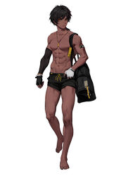  1boy abs arknights bara barefoot biceps black_hair brown_skin collarbone dark-skinned_male dark_skin detached_sleeves diaodiao earrings exposed_torso full_body gloves jewelry legs low_ponytail male male_focus male_only midriff muscular muscular_male necklace orange_eyes pecs pectorals ponytail sfw shirtless shorts solo solo_male swimsuit thorns_(arknights) toned toned_male 