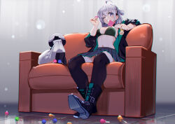  ahoge animal bikini bikini_top_only black_footwear boots candy choker commentary_request commission couch english_commentary female food girls&#039;_frontline grey_eyes grey_hair grin holding holding_candy holding_food honey_badger honey_badger_(girls&#039;_frontline) jacket lollipop long_hair navel one_eye_closed pleated_skirt shoe_soles sitting skeb_commission skirt smile solo swimsuit thighhighs warashi 