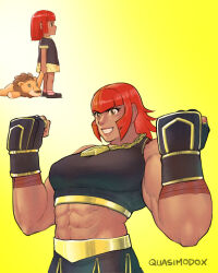  abs absurdres aged_down artist_name black_dress black_gloves black_skirt black_sports_bra clenched_hands dress female fingerless_gloves gloves gold_trim gradient_background grin highres marisa_(street_fighter) multiple_views quasimodox short_hair skirt smile sports_bra street_fighter street_fighter_6 yellow_background 