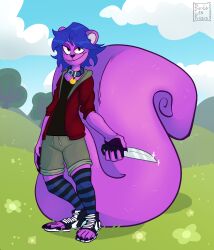  absurd_res anthro bardo_en_krisis blue_hair clothing fur hair hi_res knife mammal purple_body purple_fur rodent sciurid solo squirrel_tail tree_squirrel 