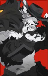  absurd_res anthro big_fangs canid canine clothing cowboy_hat fangs fur grey_body grey_fur hat headgear headwear hi_res l0sskim male mammal red_background red_eyes simple_background solo teeth 