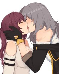  2girls absurdres arnkun black_gloves black_jacket closed_eyes clothing_cutout commentary french_kiss from_side gloves grey_hair hand_on_another&#039;s_face highres honkai:_star_rail honkai_(series) jacket kafka_(honkai:_star_rail) kissing long_hair long_sleeves multiple_girls off_shoulder ponytail purple_hair saliva shirt shoulder_cutout simple_background stelle_(honkai:_star_rail) tongue tongue_out trailblazer_(honkai:_star_rail) white_background white_shirt yuri 