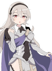  :o arm_up armor black_hairband blue_cape breasts cape cape_lift commentary_request corrin_(female)_(fire_emblem) corrin_(fire_emblem) dot_nose double-parted_bangs female fire_emblem fire_emblem_fates genbu_(user_unhx5348) grey_hair hair_between_eyes hairband highres large_breasts long_hair looking_at_viewer open_mouth pointy_ears red_eyes simple_background solo white_background 