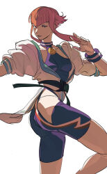  blue_eyes dougi female highres hip_vent long_sidelocks manon_legrand martial_arts_belt medallion pink_hair shioajiass short_hair_with_long_locks sidelocks simple_background solo street_fighter street_fighter_6 white_background 