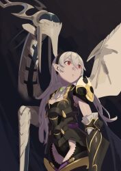  absurdres alternate_form armor black_armor black_hairband breasts cleavage_cutout closed_mouth clothing_cutout commentary_request corrin_(female)_(fire_emblem) corrin_(female)_(nohr_noble)_(fire_emblem) corrin_(fire_emblem) dragon female fire_emblem fire_emblem_fates fire_emblem_heroes gem green_gemstone grey_hair hair_between_eyes hairband highres kucheat_zg long_hair medium_breasts official_alternate_costume red_eyes wings 