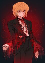  1boy androgynous black_choker black_jacket black_pants blonde_hair blood chains choker closed_mouth earrings eyelashes formal_clothes heart_(organ) highres hunter_x_hunter ik18166181ik jacket jewelry kurapika looking_at_viewer male_focus open_clothes open_jacket pants red_eyes ring short_hair simple_background solo standing upper_body 