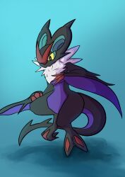  2_toes 3_fingers absurd_res ambiguous_gender black_body black_eyes blue_background feet feral fingers generation_6_pokemon hi_res kuro_hijiki77 multicolored_body nintendo noivern pokemon pokemon_(species) purple_body shadow simple_background solo toes two_tone_body yellow_sclera 