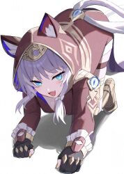  absurdres all_fours anima_miko animal_ear_fluff animal_ears animal_hood black_gloves blue_eyes breasts brown_hood cat_ears cat_girl cat_hood cat_tail cipher_(honkai:_star_rail) cleavage commentary_request female gloves gold_footwear highres honkai:_star_rail honkai_(series) hood looking_at_viewer medium_breasts oerba_yun_fang open_mouth purple_hair solo tail white_background 