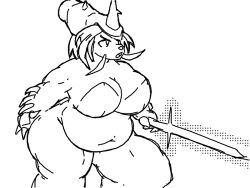  2023 anthro anthrofied bee-unit belly big_breasts black_and_white black_line_art breasts deep_navel digital_media_(artwork) eyebrows female fingers generation_5_pokemon holding_melee_weapon holding_object holding_sword holding_weapon melee_weapon monochrome navel nintendo nude open_mouth overweight overweight_anthro overweight_female pokemon pokemon_(species) portrait samurott simple_background snout solo standing sword thick_thighs three-quarter_portrait three-quarter_view weapon white_background 