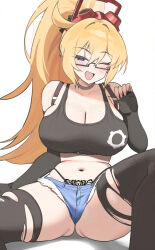  absurdres black_gloves black_tank_top black_thighhighs blonde_hair blue_eyes blush breasts choker cleavage commission elbow_gloves female fingerless_gloves glasses gloves highres large_breasts long_hair looking_at_viewer navel one_eye_closed open_mouth original short_shorts shorts simple_background smile solo spread_legs tank_top tattoo thighhighs thighs torn_clothes torn_thighhighs twin_(tt_lsh) white_background 