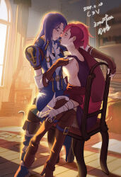  2girls arcane:_league_of_legends blue_jacket bookshelf boots brown_footwear brown_gloves caitlyn_(league_of_legends) commentary_request curtains elbow_gloves eye_contact fingerless_gloves gloves hand_on_another&#039;s_shoulder high_heel_boots high_heels highres indoors jacket league_of_legends long_hair looking_at_another mafuraakon multiple_girls neck_tattoo off_shoulder on_chair parted_lips purple_hair purple_tank_top red_hair short_hair short_sleeves sitting sitting_on_lap sitting_on_person tank_top tattoo thigh_boots undercut vi_(league_of_legends) window yuri 